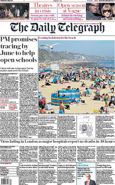 The Daily Telegraph Newspaper Front Page for 21 May 2020