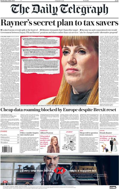 The Daily Telegraph Newspaper Front Page for 21 May 2025