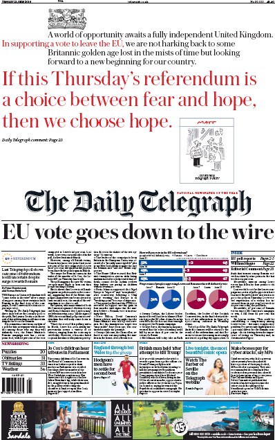 The Daily Telegraph Newspaper Front Page for 21 June 2016