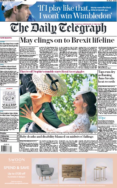 The Daily Telegraph (UK) Newspaper Front Page for 21 June 2017