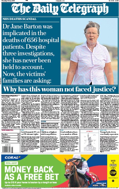 The Daily Telegraph (UK) Newspaper Front Page for 21 June 2018