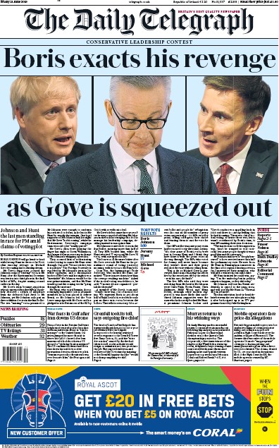 The Daily Telegraph Newspaper Front Page for 21 June 2019