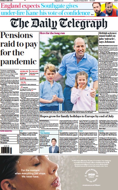 The Daily Telegraph (UK) Newspaper Front Page for 21 June 2021