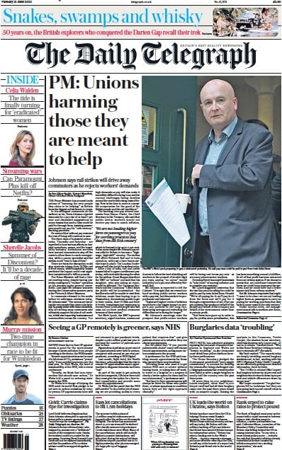 The Daily Telegraph (UK) Newspaper Front Page for 21 June 2022