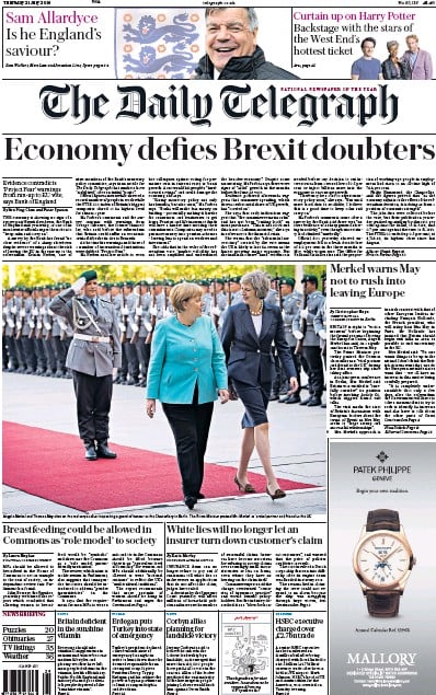 The Daily Telegraph Newspaper Front Page for 21 July 2016