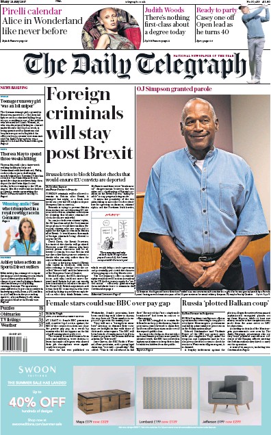 The Daily Telegraph Newspaper Front Page for 21 July 2017