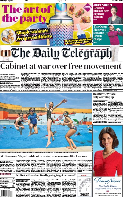 The Daily Telegraph Newspaper Front Page for 21 July 2018