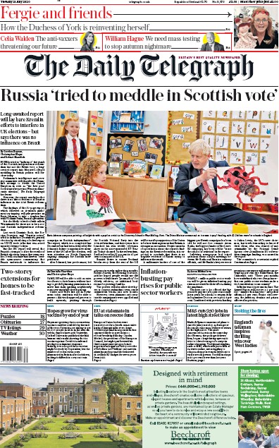 The Daily Telegraph Newspaper Front Page for 21 July 2020
