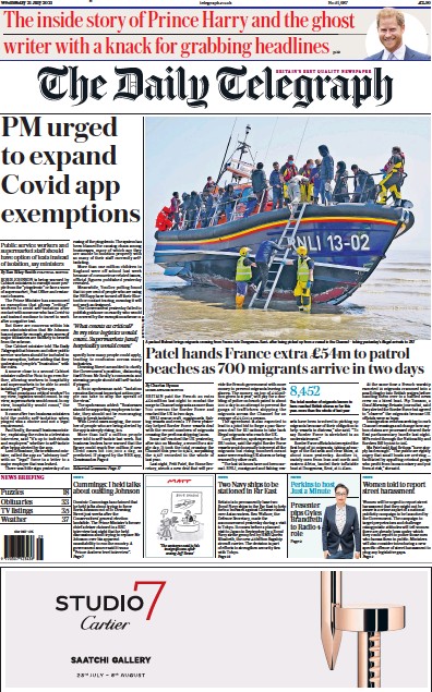 The Daily Telegraph (UK) Newspaper Front Page for 21 July 2021