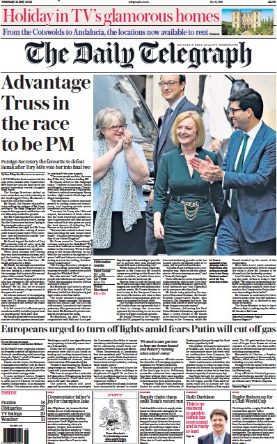 The Daily Telegraph Newspaper Front Page for 21 July 2022