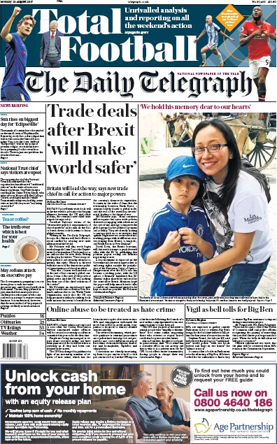 The Daily Telegraph Newspaper Front Page for 21 August 2017