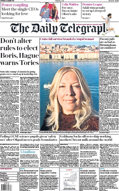The Daily Telegraph Newspaper Front Page for 21 August 2018
