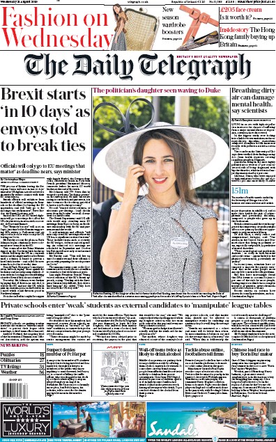 The Daily Telegraph Newspaper Front Page for 21 August 2019