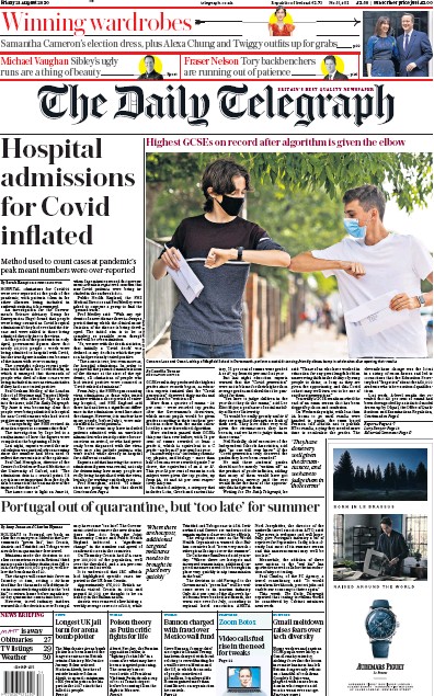 The Daily Telegraph Newspaper Front Page for 21 August 2020