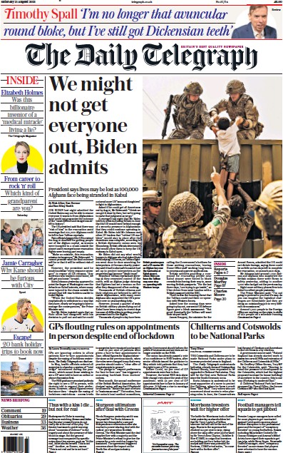 The Daily Telegraph (UK) Newspaper Front Page for 21 August 2021