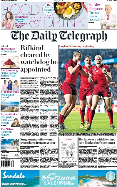 The Daily Telegraph Newspaper Front Page for 21 September 2015