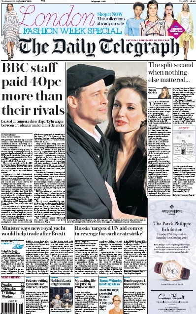 The Daily Telegraph Newspaper Front Page for 21 September 2016