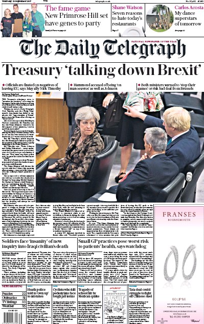 The Daily Telegraph Newspaper Front Page for 21 September 2017