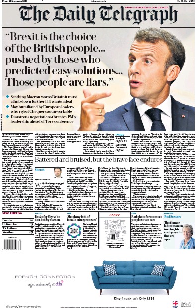 The Daily Telegraph (UK) Newspaper Front Page for 21 September 2018