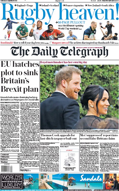 The Daily Telegraph Newspaper Front Page for 21 September 2019