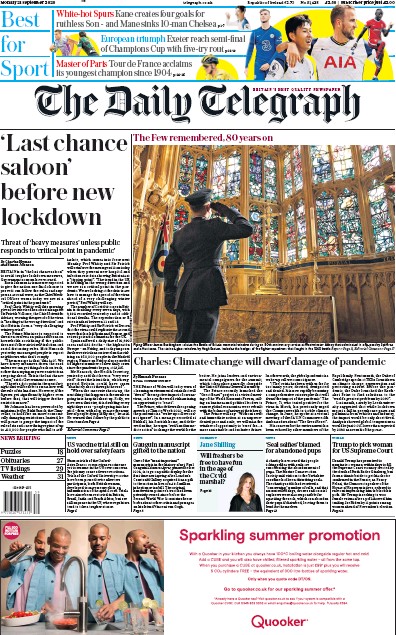 The Daily Telegraph (UK) Newspaper Front Page for 21 September 2020