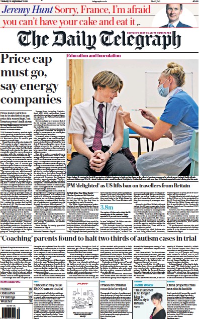 The Daily Telegraph (UK) Newspaper Front Page for 21 September 2021