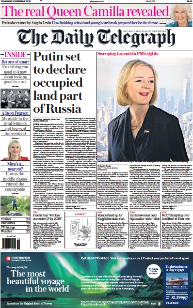 The Daily Telegraph (UK) Newspaper Front Page for 21 September 2022