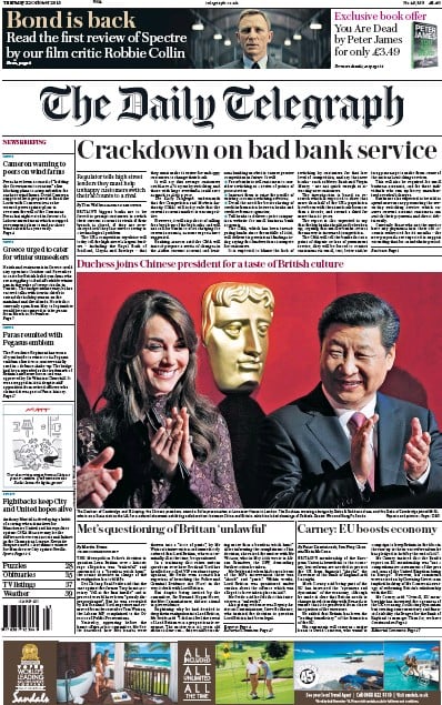 The Daily Telegraph Newspaper Front Page for 22 October 2015