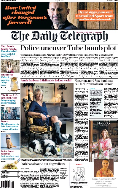 The Daily Telegraph Newspaper Front Page for 22 October 2016
