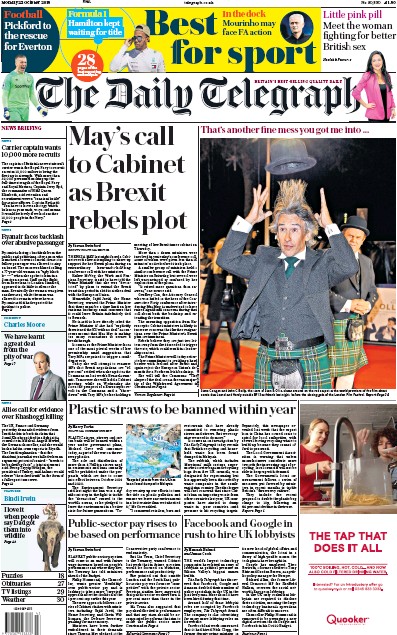 The Daily Telegraph Newspaper Front Page for 22 October 2018