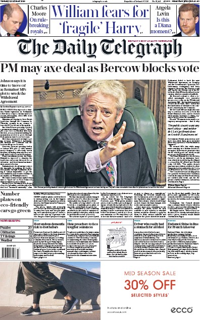 The Daily Telegraph Newspaper Front Page for 22 October 2019