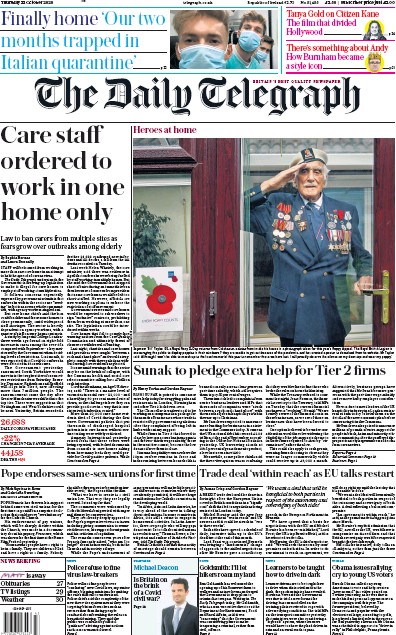 The Daily Telegraph Newspaper Front Page for 22 October 2020