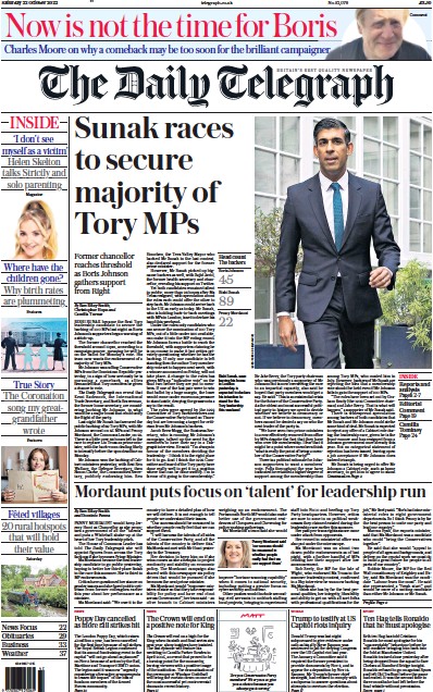 The Daily Telegraph (UK) Newspaper Front Page for 22 October 2022