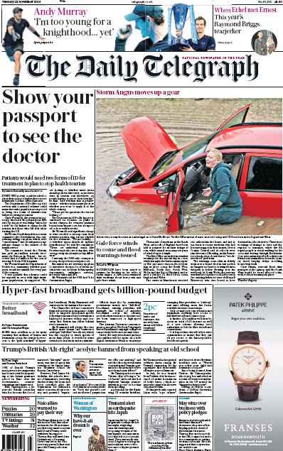 The Daily Telegraph Newspaper Front Page for 22 November 2016