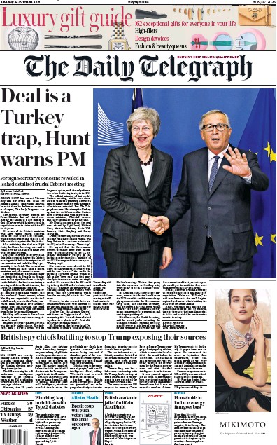 The Daily Telegraph Newspaper Front Page for 22 November 2018