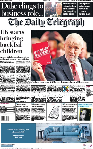 The Daily Telegraph Newspaper Front Page for 22 November 2019