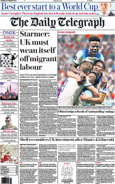 The Daily Telegraph (UK) Newspaper Front Page for 22 November 2022