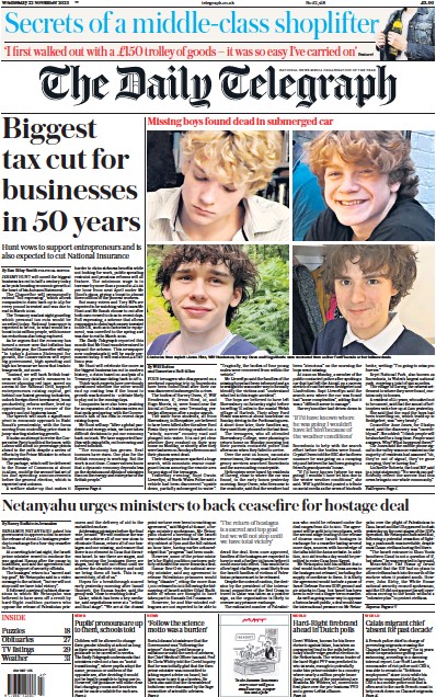 The Daily Telegraph (UK) Newspaper Front Page for 22 November 2023