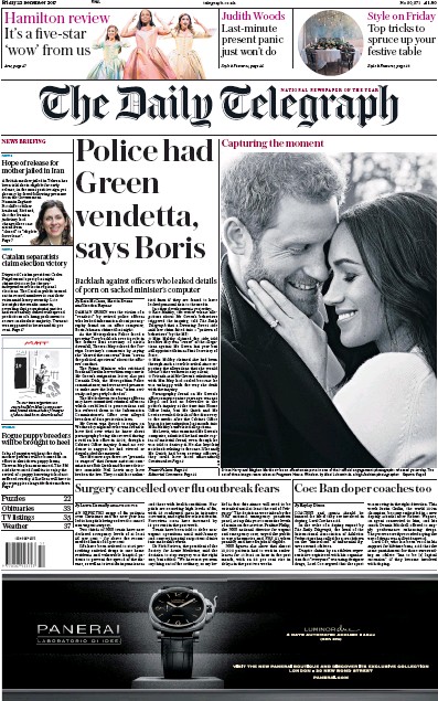 The Daily Telegraph Newspaper Front Page for 22 December 2017