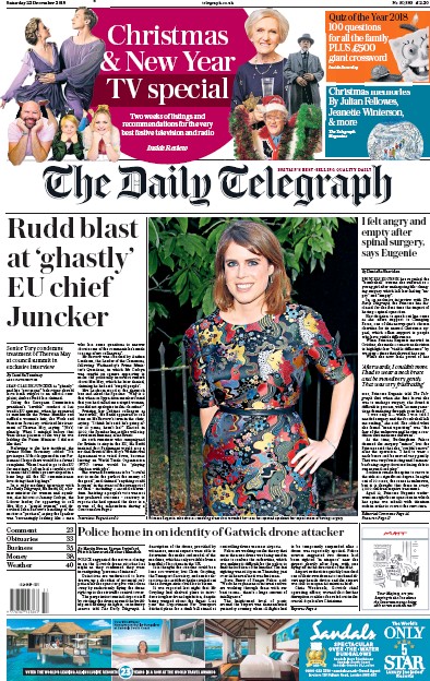 The Daily Telegraph (UK) Newspaper Front Page for 22 December 2018