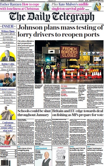 The Daily Telegraph Newspaper Front Page for 22 December 2020