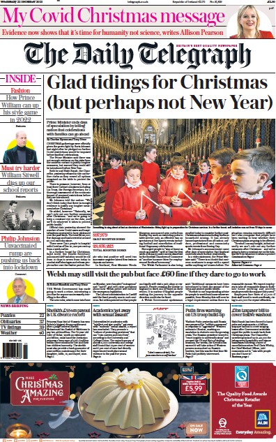 The Daily Telegraph (UK) Newspaper Front Page for 22 December 2021
