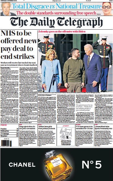 The Daily Telegraph Newspaper Front Page for 22 December 2022