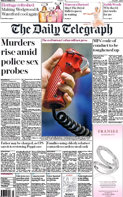 The Daily Telegraph Newspaper Front Page for 22 January 2016