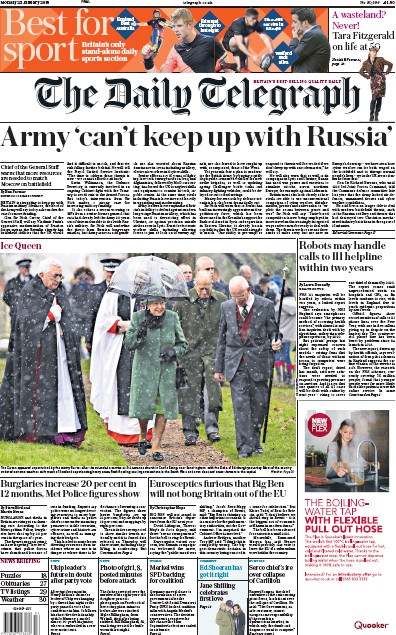 The Daily Telegraph Newspaper Front Page for 22 January 2018