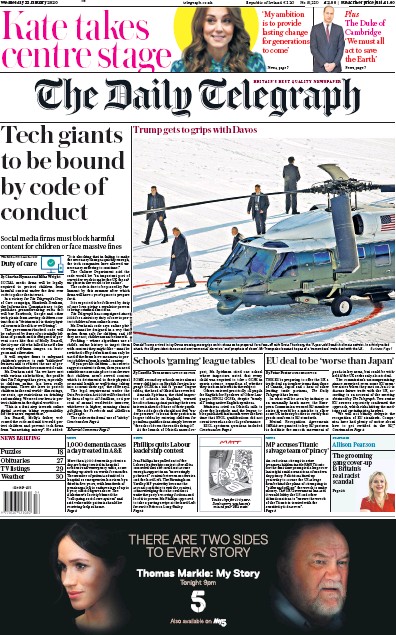The Daily Telegraph (UK) Newspaper Front Page for 22 January 2020