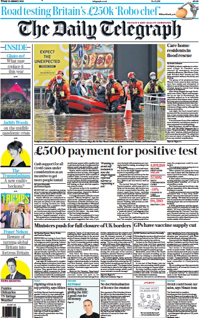 The Daily Telegraph (UK) Newspaper Front Page for 22 January 2021