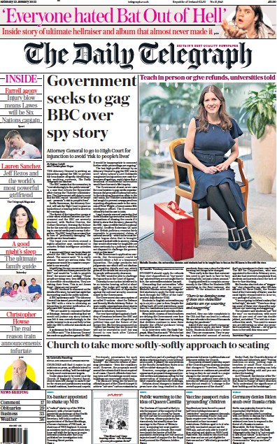 The Daily Telegraph (UK) Newspaper Front Page for 22 January 2022