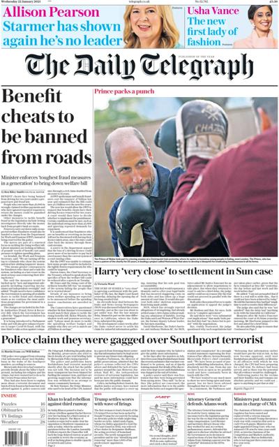 The Daily Telegraph (UK) Newspaper Front Page for 22 January 2025