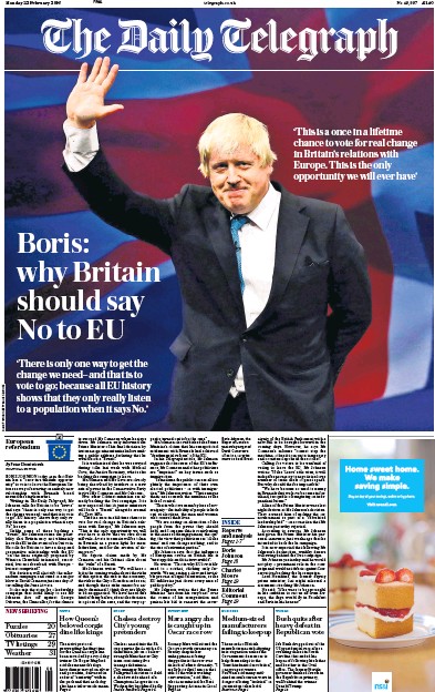 The Daily Telegraph Newspaper Front Page for 22 February 2016